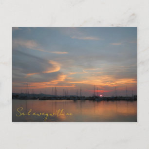 Postal Puerto deportivo al atardecer pastel