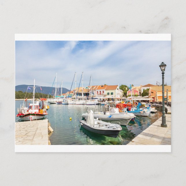 Postal Puerto griego con veleros en Fiskardo (Anverso)