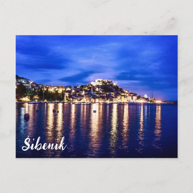 Postal Puerto iluminado en Sibenik, Croacia (Anverso)