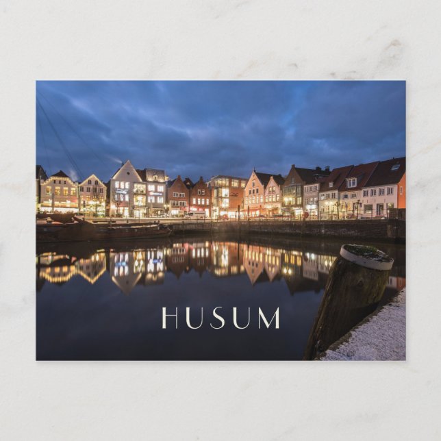 Postal Puerto interior nocturno, Husum, Alemania (Anverso)