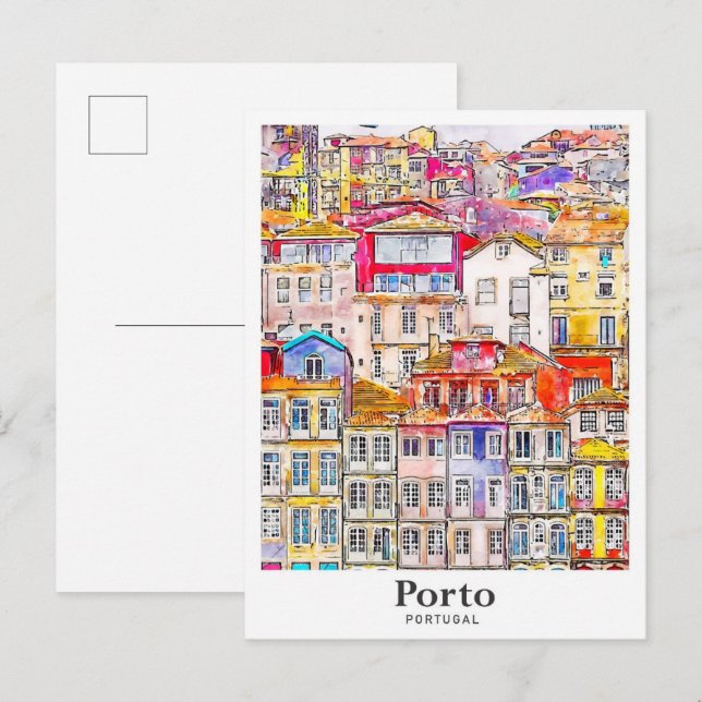 Postal Puerto Portugal Viajes Acuarela Dibujado a Mano (Anverso / Reverso)