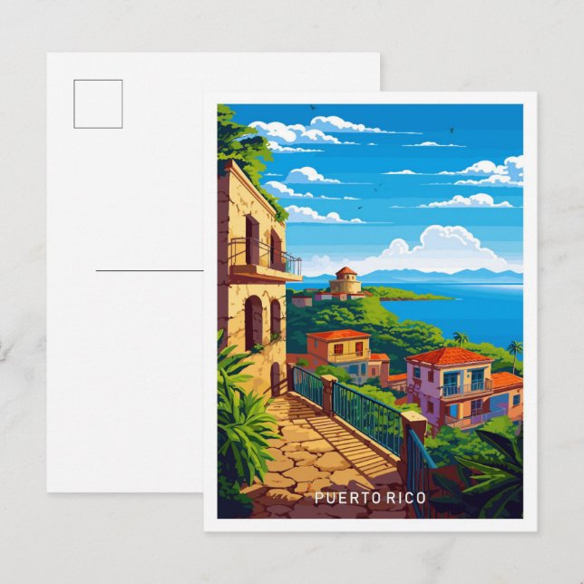 Postal Puerto Rico Ilustracion de viaje caribeño (Anverso / Reverso)