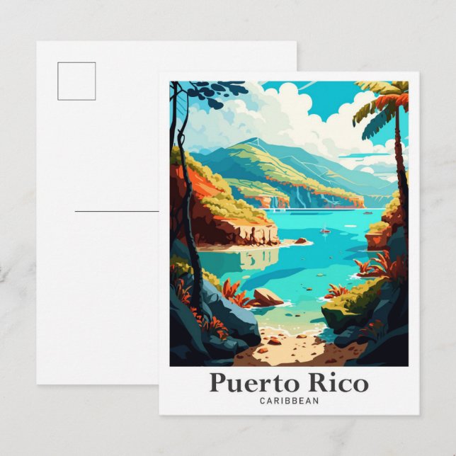 Postal Puerto Rico Ilustracion de Viajes Vintage Caribeño (Anverso / Reverso)