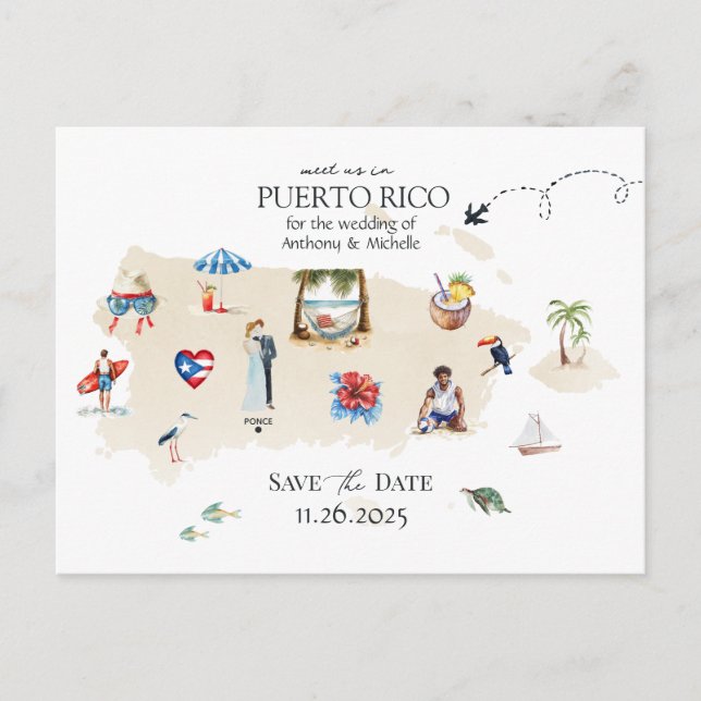 Postal Puerto Rico Mapa Boda de Destino Guardar la Fecha (Anverso)