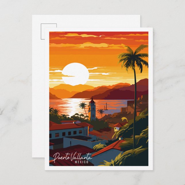 Postal Puerto Vallarta México ilustracion de viajes vinta (Anverso / Reverso)