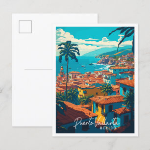 Postal Puerto Vallarta México ilustracion de viajes vinta