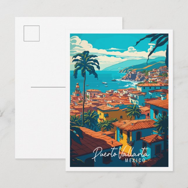 Postal Puerto Vallarta México ilustracion de viajes vinta (Anverso / Reverso)