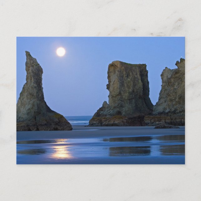 Postal Puesta de luna, playa de Bandon, Oregón. (Anverso)