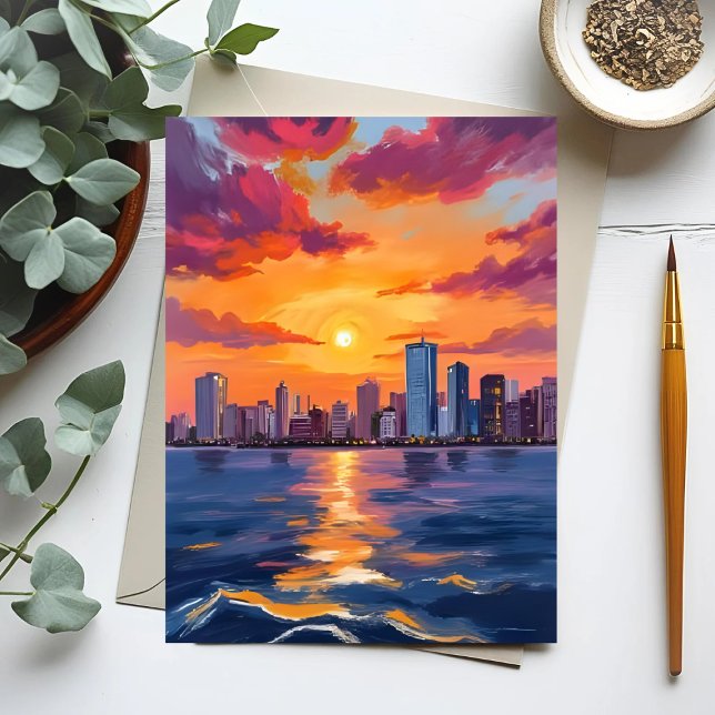 Postal Puesta de sol de la silueta de la ciudad Acuarela (Subido por el creador)