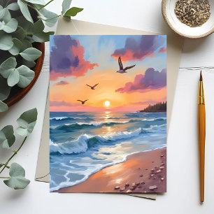 Postal Puesta de sol de olas del océano   Pintura al óleo
