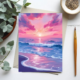 Postal Puesta de sol en el océano con tonos rosados en ac