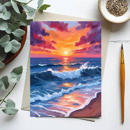 Postal Puesta de sol en el océano olas de playa acuarela