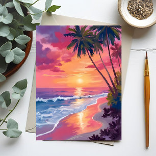Postal Puesta de sol en el paraíso Playa tropical rosa