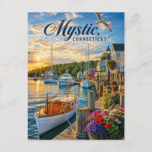 Postal Puesta de sol en el puerto de Mystic, Connecticut