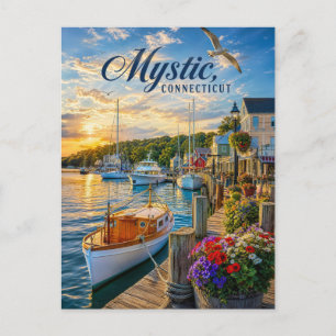 Postal Puesta de sol en el puerto de Mystic, Connecticut