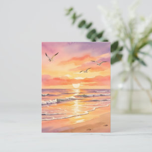 Postal Puesta de sol en la playa con pájaros