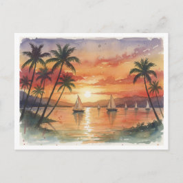 Postal Puesta de sol en la playa de Kauai acuarela