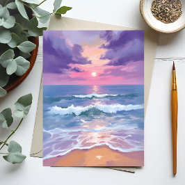 Postal Puesta de sol en la playa de lavanda púrpura acuar