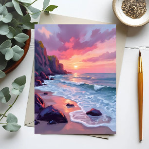 Postal Puesta de sol en la playa de rosa pastel olas del