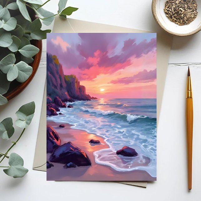 Postal Puesta de sol en la playa de rosa pastel olas del  (Subido por el creador)