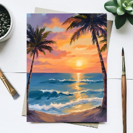Postal Puesta de sol oceánica tropical en acuarela de pal