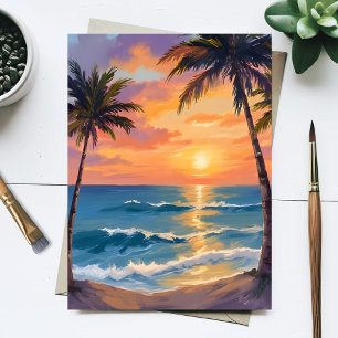 Postal Puesta de sol oceánica tropical en acuarela de pal