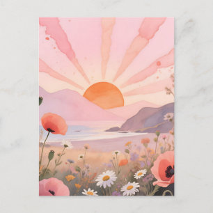 Postal Puesta de sol pastel prado de flores silvestres
