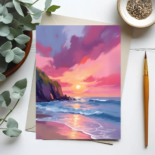 Postal Puesta de sol rosa olas de playa oceánica acuarela