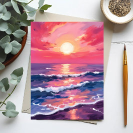 Postal Puesta de sol rosa olas del océano púrpura acuarel