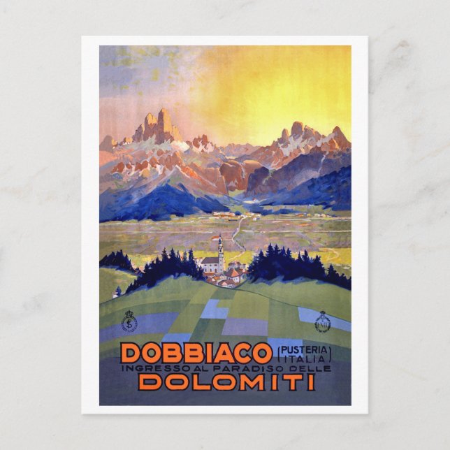 Postal Puesta de sol sobre Dobbiacho, montañas Dolomitas, (Anverso)