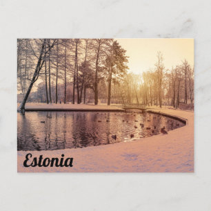 Postal Puesta de sol sobre el parque con un pequeño lago 