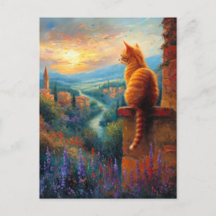 Postal Puesta de sol toscana con un gato jengibre