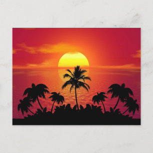 Postal Puesta de sol tropical palmeras silueta playa