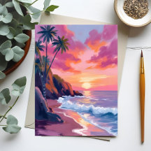 Puesta de sol tropical rosa Océano Acuarela