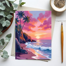 Postal Puesta de sol tropical rosa Océano Acuarela