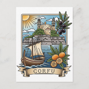 Postal Puesta de sol vintage Corfú Grecia Viajes