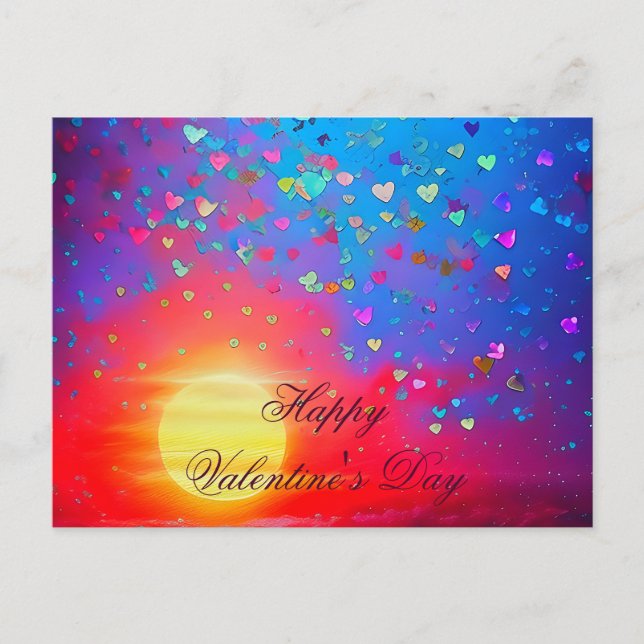 Postal Puesta de sol y corazón esparcido san valentín (Anverso)