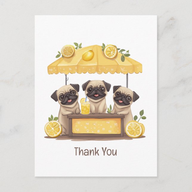 Postal Puesto de Limonada de Perros Pug Gracias (Anverso)