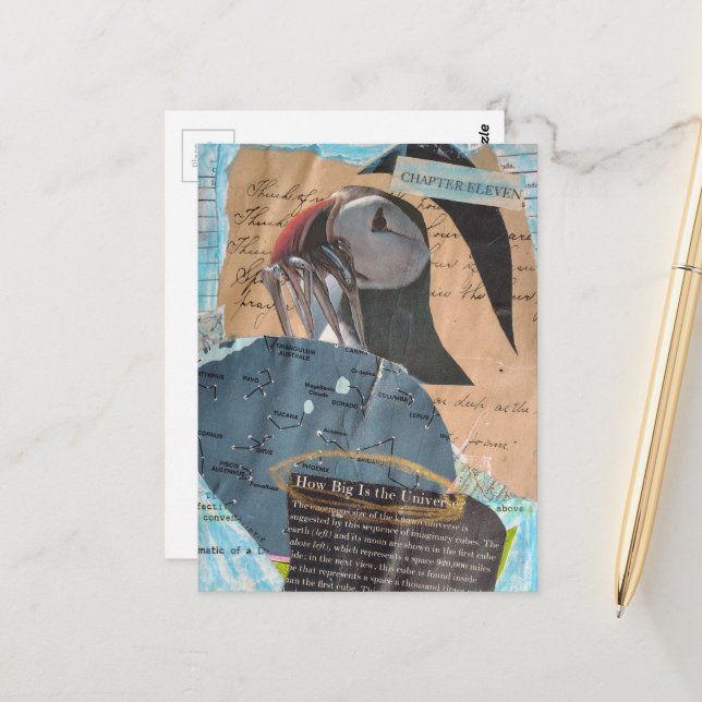 Postal Puffin and Fish Chapter Eleven Mixed Media Collage (Anverso/Reverso In Situ)