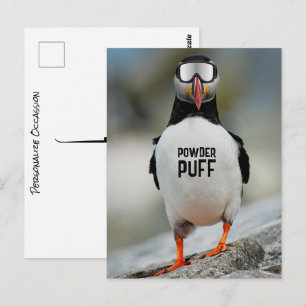 Postal Puffin divertido esquí cuesta abajo viaje de esquí