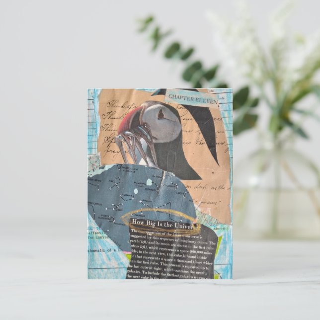 Postal Puffin With Fish Mixed Media Collage (Anverso de pie)