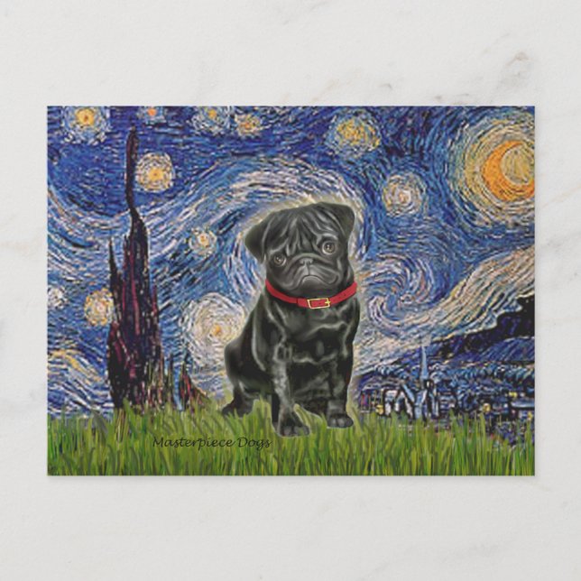 Postal Pug 13 (negro) - Noche estrellada (Anverso)