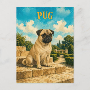 Postal Pug, Arte de Perro con Acuarela Vintage