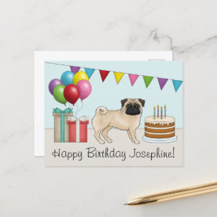 Postal Pug cervato lindo perro de dibujos animados Cumple