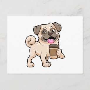 Postal Pug con café para llevar