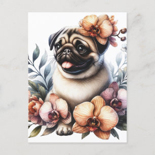 Postal Pug con rama de orquídeas, posttravesía