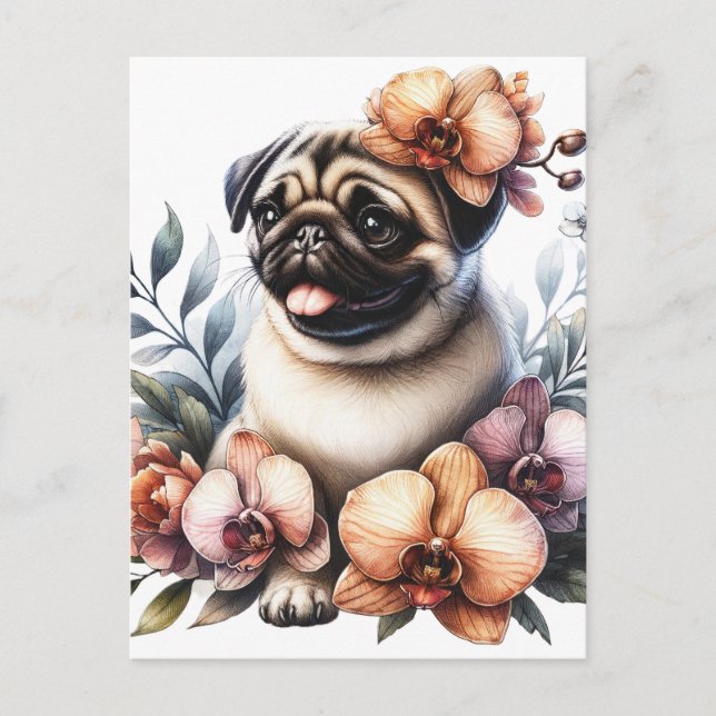 Postal Pug con rama de orquídeas, posttravesía (Anverso)