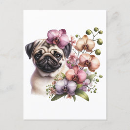 Postal Pug con rama de orquídeas, posttravesía