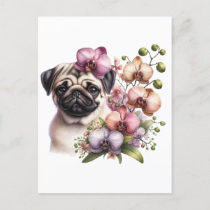 Postal Pug con rama de orquídeas, posttravesía