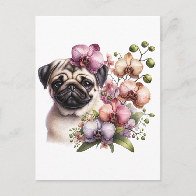 Postal Pug con rama de orquídeas, posttravesía (Anverso)